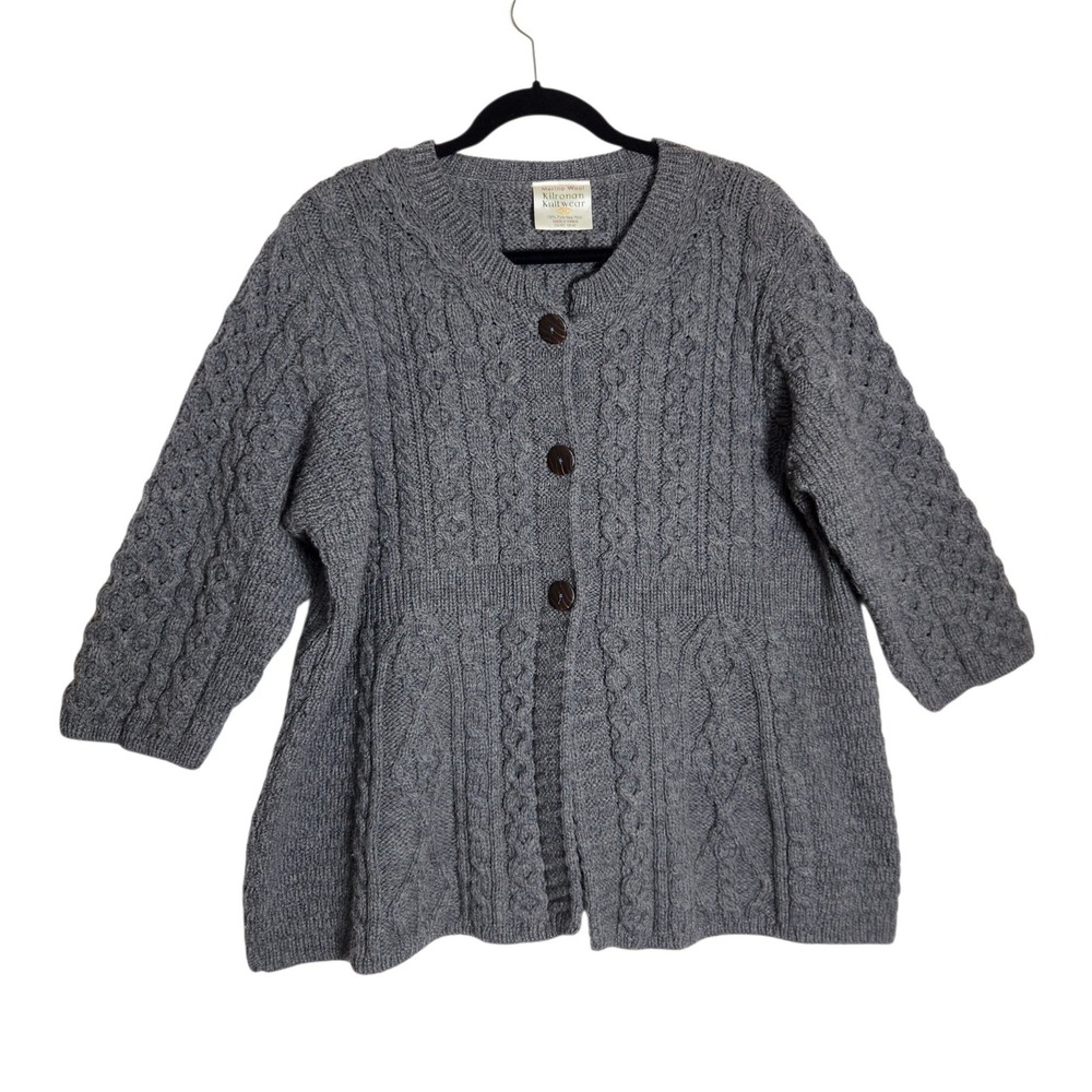 Kilronan Knitwear Merino Wool Cable Knit Cardigan Ireland Gray XL